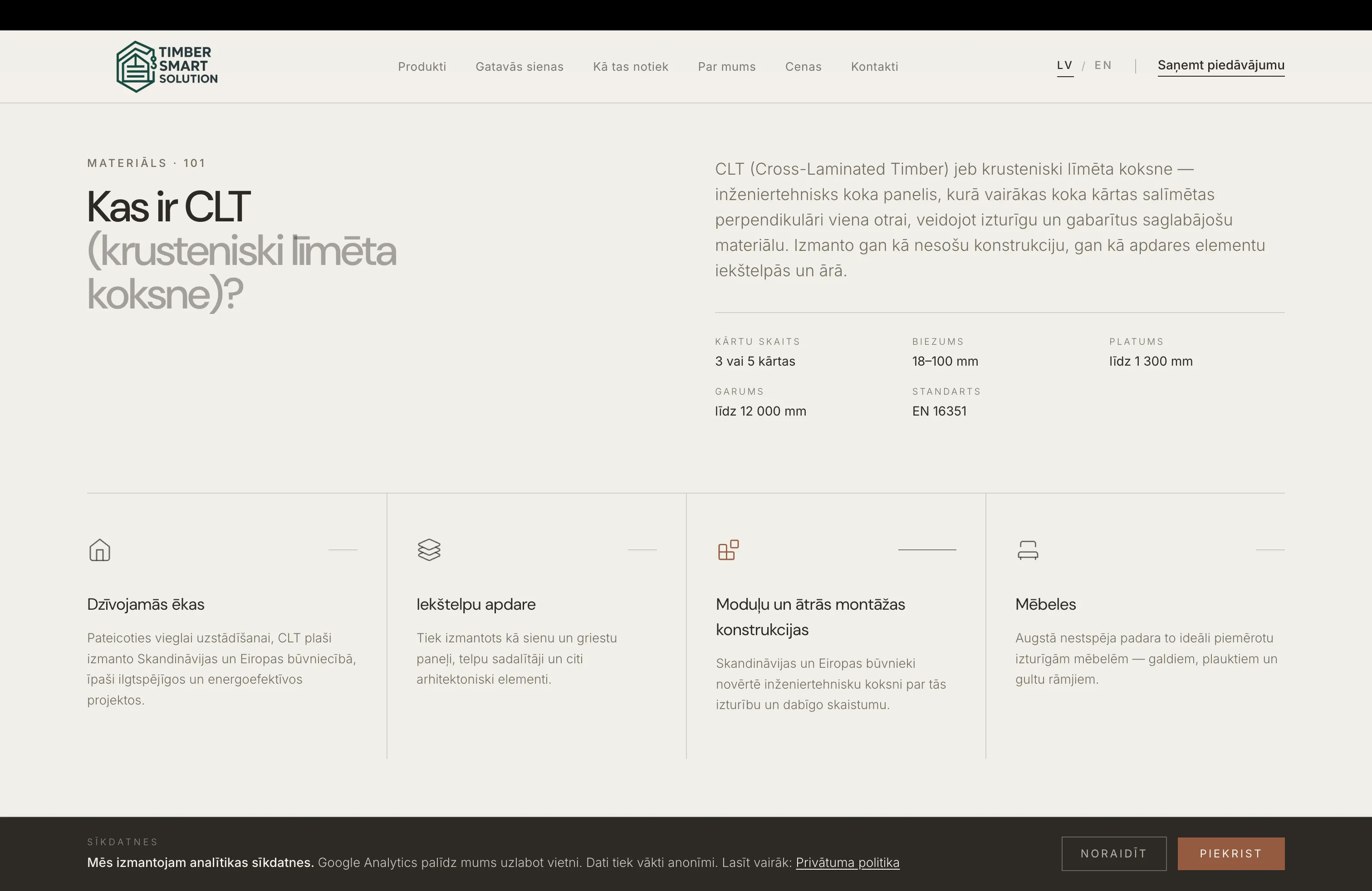 Timber Smart Solution informatīvā lapa par CLT koka materiālu